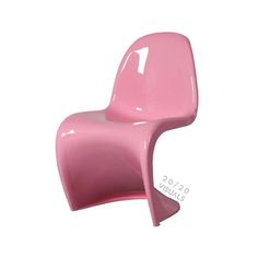 a pink plastic chair sitting on top of a white floor