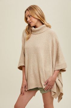 Stay cozy and stylish with our High Neck Sweater Poncho. Designed for maximum comfort and warmth, this poncho is perfect for those chilly days. Don't sacrifice fashion for function - our poncho combines both in one cozy package. The perfect addition to any wardrobe! Product Details: One Size Side Slits Cozy Long Sleeve Cape For Cold Weather, Beige Poncho For Layering, One Size Winter Poncho, One Size Winter Poncho In Solid Color, One Size Beige Poncho For Layering, Winter Poncho In One Size, Fall Soft Knit Poncho, Fall Knit Poncho For Layering, Knit Poncho For Fall Layering