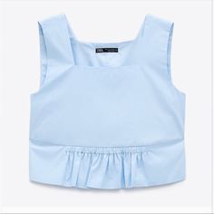 Zara Baby Blue Crop Top Blouse. Chic Blue Tank Top For Work, Cropped Blue Blouse For Summer, Chic Blue Summer Blouse, Spring Blue Ruffled Crop Top, Blue Sleeveless Blouse For Spring, Blue Cotton Tank Top With Ruffles, Blue Crop Top Blouse For Summer, Light Blue Cropped Tops For Summer, Chic Blue Summer Top