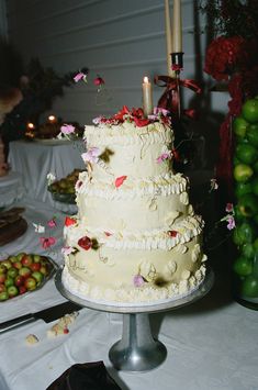 a three tiered cake sitting on top of a table next to plates of fruit