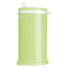 a green trash can with a white lid