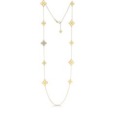 You'll look and feel special each and every time you wear this necklace from Roberto Coin's Princess Flower collection. Crafted in 18K yellow gold, it features a four-petal pendant of precious metal on a double chain necklace. A smaller four-petal diamond-embellished station and golden charm at the end of the chain  complete a pretty picture. The piece closes with a lobster clasp. This Roberto Coin pendant necklace has an appreciable majesty. Luxury Gold Diamond Necklace In Flower Shape, Luxury Gold Station Necklace With Delicate Chain, Luxury Gold Station Necklace For Formal Occasions, Flower Station, Gold Velvet Dress, Santa Fe Jewelry, Princess Flower, Double Chain Necklace, Flower Yellow