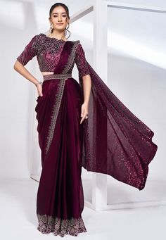 Shop Pre Stitched Satin Silk Saree in Wine Saree Engagement, Heavy Work Saree, Wine Saree, Saree Bridesmaid, Saree Readymade, Engagement Saree, Bridesmaid Saree, Party Sarees