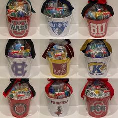 a bunch of baskets that are sitting on a shelf together in a row with the names of each team