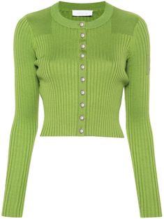 medium green cotton knitted construction ribbed knit round neck long sleeves straight hem front button fastening Cardigan Green, Versace Outfit, Yoko London, City Dress, Airport Fashion, Green Outfit, Cotton Cardigan, Summer Beach Wear, Airport Style