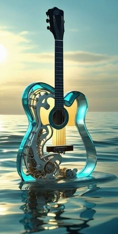 an acoustic guitar floating in the water