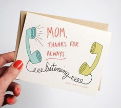 a hand holding up a card that says mom, thanks for always cell phone service