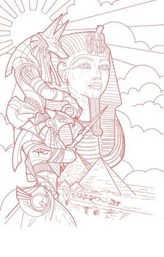 a drawing of an egyptian woman with her head turned to the side, and clouds in the background