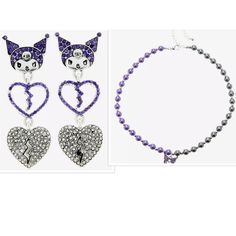 Kuromi Split Beaded Choker Necklace & Earring Set Keep Your Jewelry Collection Sparkling And Devilish With Your Favorite Sanrio Character! Kuromi Is Featured As A Shiny Charm On This Split Choker Necklace, With Half Purple And Half Grey Beads Strung Throughout For A Mischievous Look. 15" + 3" Extender Rep Your Favorite Mischievous Sanrio Character Loud And Proud! These Statement Earrings Are Perfect For Kuromi Stans Everywhere. Features Kuromi Up Top With Bedazzled Details, Shiny Purple Broken H Hello Kitty Jewelry, Broken Hearts, Grey Beads, Choker Necklace Set, Bead Pattern, Beaded Choker Necklace, Bead Stringing, Beaded Choker, Necklace Earring Set