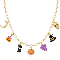 PRICES MAY VARY. 🎃Intricate Halloween-Themed Charms🎃: This Halloween Charm Necklace is a delightful blend of festive symbols, perfect for the Halloween season. The Halloween charm necklace features a variety of detailed charms, including a golden crescent moon, a whimsical purple pumpkin lantern with a hat, a mischievous black cat, a classic pumpkin lantern surrounded by a circle of sparkling white stones, a playful purple ghost, a ghost wearing a black hat, and a spooky skull. Each charm is c Halloween Themed Black Necklace, Black Themed Necklace For Halloween, Themed Black Necklace For Halloween, Gothic Halloween Necklace With Lobster Clasp, Gothic Necklaces For Halloween Costume Party, Gold Necklace For Halloween Party, Spooky Halloween Jewelry For Costume Party, Spooky Halloween Costume Party Jewelry, Vampire Style Halloween Necklace