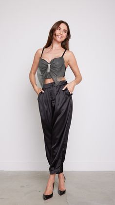 Elevate your summer wardrobe with this chic satin black cargo , designed for both style and comfort. These pants exudes sophistication with its clean lines and flattering silhouette, while the cargo styled pants offer a modern twist with their relaxed fit and convenient pockets. Features: Pockets Satin Fabric Black 80276 P3-14 Casual Cargo Pants With Pockets For Party, Chic Black Summer Parachute Pants, Chic Black Parachute Pants For Summer, Chic Black Straight Parachute Pants, Black Satin Pants For Night Out, Trendy Wide Leg Cargo Pants For Night Out, Trendy Party Cargo Pants With Pockets, Trendy Cargo Pants For Party, Trendy Cargo Pants With Pockets For Party