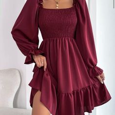 Shein. Size Medium (Size 6) Burgundy Fits A Little Bigger Than A Size 6. Perfect For A Christmas Party Or Date Night. Never Worn Midi Dress Chic, Long Sleeve Ruffle Dress, Cotton Midi Skirt, Long Sleeved Dress, Office Dresses For Women, Flare Long Sleeve, Boho Summer Dresses, Dress Chiffon, Women Long Sleeve Dress