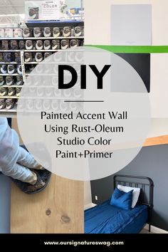 a room that has some paint and furniture in it with the words diy painted accent wall using rust - oleum studio color paint + primer