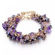 Purple Amethyst Natural Gem Stone & Crystal Bangle Bracelet This Gorgeous Bracelet Has Natural Irregular Gravel Stones Mixed With Austrian Crystals In Varying Shades Of Purple, Each Gem Is Strung Together With Gold, Creating A Unique Piece That Moves Fluidly With Your Arm. A Great Gift For A Birthday, Anniversary, Or Just Because! Alloy, Crystal, Stone Measurements In The Last Picture Comes In A Navy Gift Box With A Bow Amethyst Is A February Birthstone Statement Piece, Glam, Gift Jewelry With Stones, Purple Bracelet, Gold Armband, Amethyst Gold, Gold Charm Bracelet, Crystal Beads Bracelet, Natural Stone Bracelets, Amethyst Beads, Crystal Charm