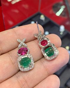 "BRAND-NEW!! ONE OF A KIND, HANDCRAFTED EARRINGS. So Perfect Jewelry proudly presents!! Delicately handcrafted, UNIQUE BOW CABOCHON EMERALD EARRINGS! With gorgeous VIVID PINKISH RED, SPARKLING RUBELLITE. Accented with superb quality, natural diamonds, set in handcrafted 18K solid white gold earrings. Classy and colorful, elegant and charming, with vivacious Green COLOR, HOT PINK, and sparkling diamonds, these earrings sure make a lady feel like a princess! WE OFFER FREE GIFT PACKAGING, CARD WITH Emerald Multi-stone Earrings For Gift, Multi-stone Emerald Earrings For Gift, Luxury Tourmaline Earrings As Gift, Luxury Tourmaline Earrings For Gift, Elegant Round Tourmaline Earrings, Gold Earrings Classy, Packaging Card, Emerald Diamond Earrings, White Gold Earrings Studs