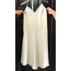 Brand: Banana Republic Style: A-Line, Asymmetric Dress Size: 8 Color: Ivory / Off-White Material: 53% Silk, 47% Cotton Lined: Yes Features: Zipper On Side Condition: New, Never Worn. Has A Small Spot On Bottom. Measurements (Across): Chest: 18" Waist: 18" Hips: 23" Length: 47" Beautiful, Light & Flowy Summer Dress! Tags: Summer, Beach, Sundress, Halter, Spaghetti, Crinkled, Ivory, Off White, Casual, Flowy, Asymmetrical, Boho, Peasant, Free People, Anthropologie Beige V-neck Sleeveless Sundress, Casual V-neck Beach Suspender Dress, White V-neck Bohemian Sleeveless Dress, Banana Republic Style, White Bohemian V-neck Sleeveless Dress, Pink Wrap Dress, Flowy Summer Dresses, Sleeveless Wrap Dress, Bodycon Sweater Dress