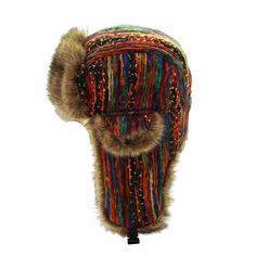 When you're searching for a colorful hat to complete your look in winter, this Bomber Hat by Innovato Design will look good on you. It comes in a rainbow pattern with a combination of colors. This will brighten up not only your gloomy winter day but someone else's too. It is artsy and has plenty of colors to add personality to your look. Made from fur material, this hat protects your head from the cold so you'll always be snug and warm. Its earflaps are designed in such a way to comfort your ears from the cold too. It has a clasp on the earflaps so you can tightly fit them around your chin when it is cold or fasten them above your head when not in use. You can wear this with your casual outfits in winter.  Product Highlights:   Made from fur material for superior comfort  Colorful hat for Fur Hat Pattern, Russian Ushanka, Camel Style, Rainbow Hats, Colorful Hat, Boho Festival Fashion, Trapper Hat, Wool Tie, Trapper Hats