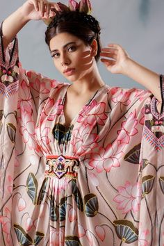 Buy Beige Silk Printed Lotus Motifs V Neck Imama Kaftan For Women by Rajdeep Ranawat Online at Aza Fashions. Festive Silk Kaftan With Digital Print, Bohemian Designer Kaftan For Summer, Spring Kaftan With Embellished Kimono Sleeves, Bohemian Designer Summer Kaftan, Elegant Maxi Kaftan With Printed Motifs, Spring Embellished Kaftan With Kimono Sleeves, Silk Kaftan With Digital Print Tunic, Silk Digital Print Kaftan For Eid, Silk V-neck Kaftan For Beachwear