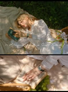 two pictures of a woman in white dress laying on the ground and holding an open book