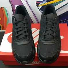 Brand New With Box!! Men Size 8.5 (Cd4165-003) Modern Black Synthetic Running Shoes, Black Slip-on Sneakers With Air Max Cushioning, Modern Black Slip-resistant Sneakers, Nike Black Slip-resistant Sneakers, Black Leather Running Shoes Fade-resistant, Black Leather Fade-resistant Running Shoes, Nike Black Slip-resistant Running Shoes, Dark Grey Color, Black Nikes