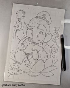 Gnash Ji Drawing, Ganashpati Drawing, Drawing Ideas Of God, God Drawing Ideas, Ganesh Painting Easy, Cute God Drawing, Sketch Ideas For Kids, Gods Drawing Sketch