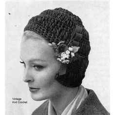 Vintage Crochet Helmet styled hat pattern, close fitting design with flower adorned side band.   "Two shades of red knitting worsted crocheted together make a dramatic helmet that snugs back of neck. Grosgrain loops and tiny flowers add feminine note".  #CrochetHatPattern Fitted Knitted Brimmed Bonnet, Vintage Adjustable Crochet Cap, Vintage Crochet Cap Hat, Fitted Crochet Knit Cap, Vintage Yarn Beanie Hat, Vintage Fitted Beanie Hat, Adjustable Vintage Crochet Hat, Vintage Crochet Bucket Hat, Vintage Brimmed Crochet Hat For Winter