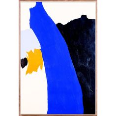 an abstract painting with blue, yellow and white colors on the bottom half of it