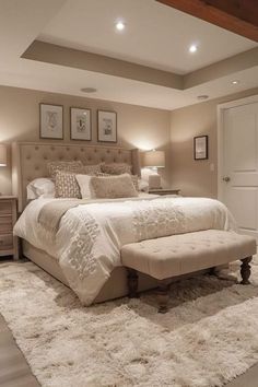 a bedroom with a large bed and white rugs