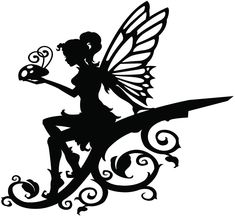 a black and white silhouette of a fairy sitting on a branch holding a flower in her hand