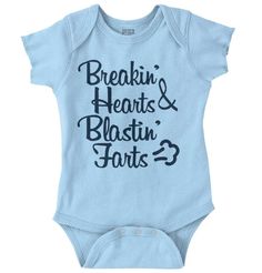 Breaking Hearts Blasting Farts Onesie Funny Text Onesie For Gender Reveal, Funny Onesie For Gender Reveal With Text, Fun Onesie For Playtime, Cute Fitted Bodysuit For Playtime, Cute Blue Onesie For All, Cute Blue Unisex Onesie, Cute Onesie With Funny Text For Gender Reveal, Funny Fitted Onesie For Gender Reveal, Unisex Onesie With Funny Text