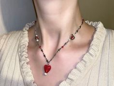 "This necklace is made with stainless steel star chain, freshwater pearls, beads and finished off with a small glass heart pendant! 🧸💓 Lenght - 13. 5\" + extra 5 \" chain for adjustments 🤍" Red Glass Heart Necklace, Glass Heart Necklace, Metal Choker Necklace, Metal Choker, Star Chain, Fairy Grunge, Glass Heart, Red Glass, Heart Necklace