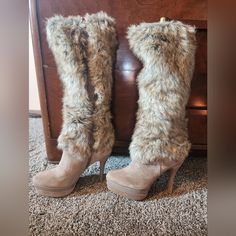 Fergie Captive Fur Boots, Size 7. 4" Heel. 1" Platform. Never Worn, Still In Box Fur Boots Heels, Fergie Boots, Fur Boots Outfit, Womens High Boots, Fur Ankle Boots, Burning Man Fashion, Vintage Sandals, Platform Heels Boots, Faux Suede Boots