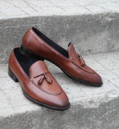 Crafted Leather Brown Tassel Loafers Classic Men Dress Shoes on Storenvy Semi-formal Round Toe Tassel Loafers With Rubber Sole, Tasseled Round Toe Dress Shoes For Galas, Tasseled Dress Shoes For Galas, Slip-on Tassel Loafers For Galas With Closed Toe, Closed Toe Slip-on Tassel Loafers For Galas, Brown Oxfords With Tassels And Round Toe, Business Slip-on Tassel Loafers With Closed Toe, Brown Slip-on Tassel Loafers With Closed Toe, Semi-formal Tassel Loafers With Round Toe And Leather Sole