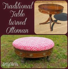 an old table turned ottoman with pink and white fabric