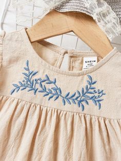 SHEIN USA Cute Beige Floral Embroidery Dress, Baby Girls Dresses, Embroidered Shorts, Flounce Sleeve, Loose Dress, Kids Beachwear