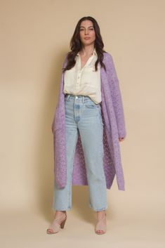 Brand: FRNCH Eyelet cardigan in the prettiest heather lilac. Sweater features square front pockets. ♡ Details Color: Lilac Eyelet design Front pockets 55% Acrylic, 28% Polyester, 10% Wool, 5% Polyamide, 2% Elastane Sizing Model Info: Height 5'3"| Bust 34"| Waist 25"| Hips 34" Model is wearing a size S/M Fit: Standard fit Stretch: More stretch Measurements: S/M: Bust 47" | Length 42.5" M/L: Bust 48" | Length 42.5" Daywear Pointelle Knit Cardigan, Spring Sweater Coat For Loungewear With Pockets, Long Sleeve Pointelle Knit Cardigan For Daywear, Open Knit Cardigan For Fall Daywear, Fall Open Knit Cardigan For Daywear, Fall Open Knit Cardigan, Open Knit Sweater For Daywear In Fall, Open Knit Sweater For Fall Daywear, Open Front Cardigan With Pockets For Daywear