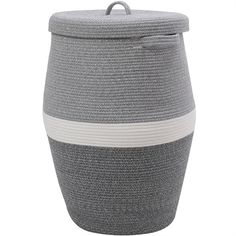 a large gray basket with white stripes on the sides and bottom, in front of a white background