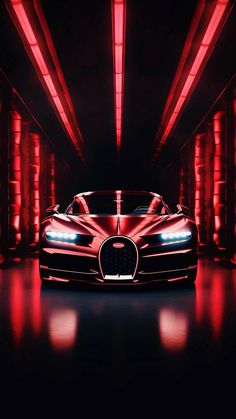 a bugatti car is shown in the middle of a tunnel with red lights