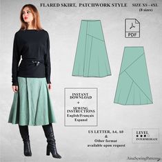 🤩PDF Digital sewing pattern for CHANTELLE skirt🤩 The Chantelle skirt stands out with its unique patchwork design and flared silhouette, featuring button closures along the front. Perfect for creative expression, it allows experimenting with stripe fabrics or mixing materials for an artistic touch. Versatile and stylish, it's ideal for both summer and winter. ⚠️ SPECIAL NOTES ⚠️ * The PDF pattern includes both the main fabric and lining pieces, requiring many sheets to assemble in A4 and US let Midi Skirt Sewing, Midi Skirt Sewing Pattern, Flared Skirt Pattern, Modern Skirt, Skirt Sewing Pattern, Skirt Sewing, Skirt Patterns Sewing, Pattern Modern, Winter Skirt