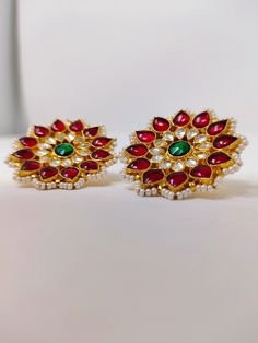 Kundan Earrings Polki Earrings Artificial Jewelry South Indian Jewelry Desi Jewelry Pakistani Jewelry Big Studs Pearl Studs Sabyasachi Jewel - Etsy Round Tilla Earrings For Puja, Diwali Temple Jewelry Pearl Earrings With Stone Work, Elegant Ceremonial Earrings With Motifs, Meenakari Earrings For Puja, Round Shape, Round Meenakari Earrings For Puja, Meenakari Round Earrings For Puja, Bollywood Round Earrings For Puja, Ceremonial Chandbali Earrings With Stone Work, Meenakari Earrings For Puja