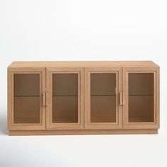 a wooden cabinet with glass doors on one side and two shelves on the other, against a white background