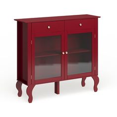 a red cabinet with two glass doors