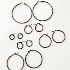 Black hoops, lots of sizes! These are made of Stainless Steel so they are Non Tarnish and Hypo Allergenic They come in a pair (set of 2) Black Hoop Earrings, Black Hoops Earrings, Spider Earrings, Jewelry Care Instructions, Domed Ring, Earrings Black, Jewelry Earrings Hoops, Body Spray, Jewelry Care