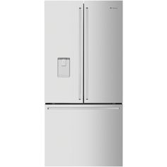 a white refrigerator freezer sitting in front of a white wall with a light on it