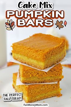 pumpkin bars stacked on top of each other with the words cake mix written above them