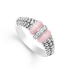 Diamonds set in sterling silver are accented by a pop of pink ceramic and Caviar beading on this every day ring. LAGOS diamonds are the highest quality natural stones. Luxury Pink Rings With Pave Setting, Elegant Pink Multi-stone Rings, Pink Diamond Ring With Pave Setting For Gift, Pink Diamond Ring With Pave Setting As Gift, Pink Diamond Multi-stone Jewelry, Pink Pave Setting Ring, Pink Pave Setting Ring Jewelry, Pink Sterling Silver Rings With Stones, Pink Rings With Pave Setting For Anniversary