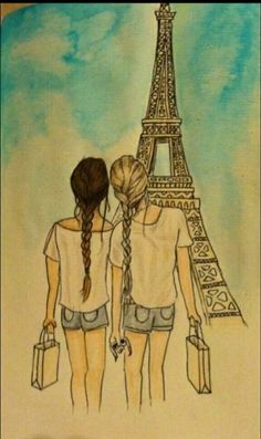 two girls are standing next to each other in front of the eiffel tower