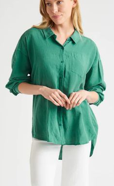 This oversized Bailey Button Down Shirt is made from a comfortable linen blend fabric with a shirt tail hem. Its neutral oasis green hue makes it a great option for everyday wear, and it's sure to become a reliable favorite. Pair with the matching wide leg linen pants, white denim or shorts. An easy, yet elevated summer style! Details 55% Linen, 45% Lyocell Machine Wash Cold Oversized, size down if you want more tailored look Green Linen Button-up Shirt, Green Relaxed Fit Shirt With Shirttail Hem, Green Cotton Shirt With Shirttail Hem, Everyday Green Shirt For Spring, Green Linen Button-up Blouse, Casual Green Linen Blouse, Green Cotton Blouse With Shirttail Hem, Green Cotton Blouse With Roll-up Sleeves, Linen Pants White