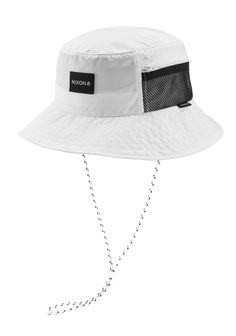 a white hat with a chain attached to the brim and black logo on it