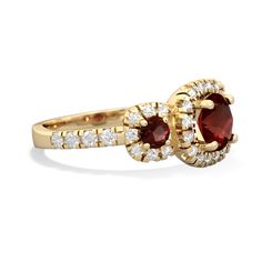 Regal and bold, this three stone halo garnet with  and  ring gleams in 14K Yellow Gold with {diamondcarats}. Choose one gem, two gems, or even three different gems to create an everlasting family keepsake. Luxury Gold Rings With Lab-created Ruby, Luxury Lab-created Ruby Birthstone Ring, Luxury Polished Lab-created Ruby Ring, Pink Sapphire Jewelry, Pink Tourmaline Ring, Pink Sapphire Ring, Tourmaline Jewelry, Garnet Jewelry, Ruby Jewelry